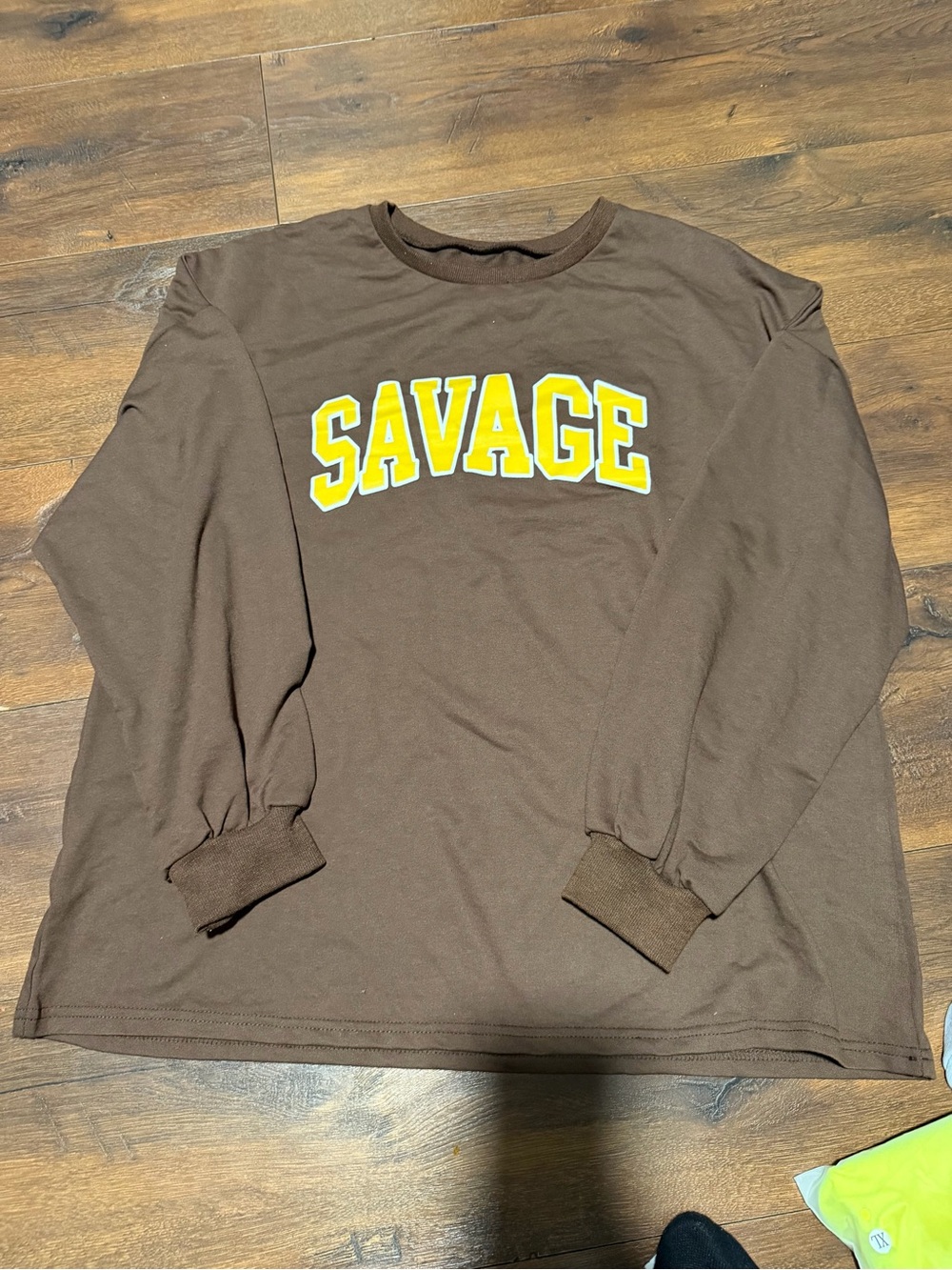 SHEIN Brown Long Sleeve Tee with Yellow 'SAVAGE' Chest Logo